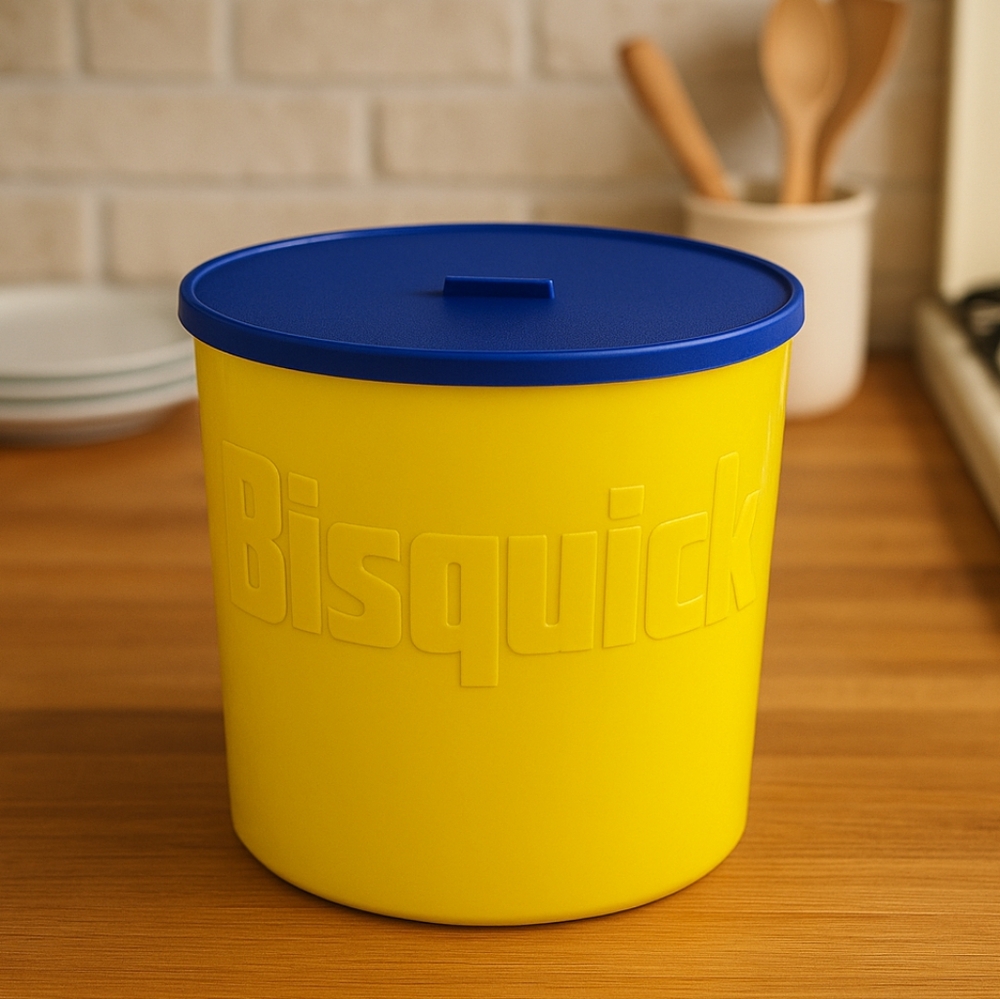 VTG Bisquick Yellow Plastic Canister with Blue Lid – RB Products Corp. 1970s/80s